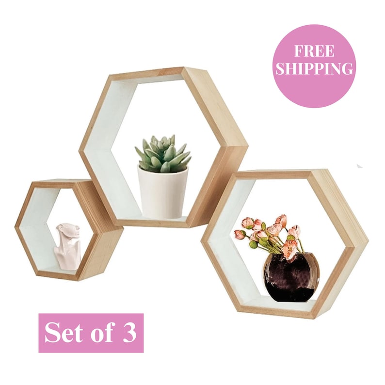 Honeycomb Hexagon Wall Shelves Set of 3 Wood Floating Shelf Plant Shelf Nursery Farmhouse Decor Modern Geometric Wall Art image 2