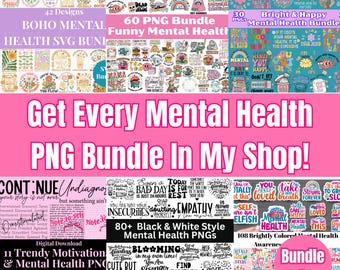 メンタルヘルス PNG バンドル 全店 デジタル セラピー ステッカー 印刷可能 面白いサイン 感情的サポート クリップアート セルフケア 女の子 自己愛の引用