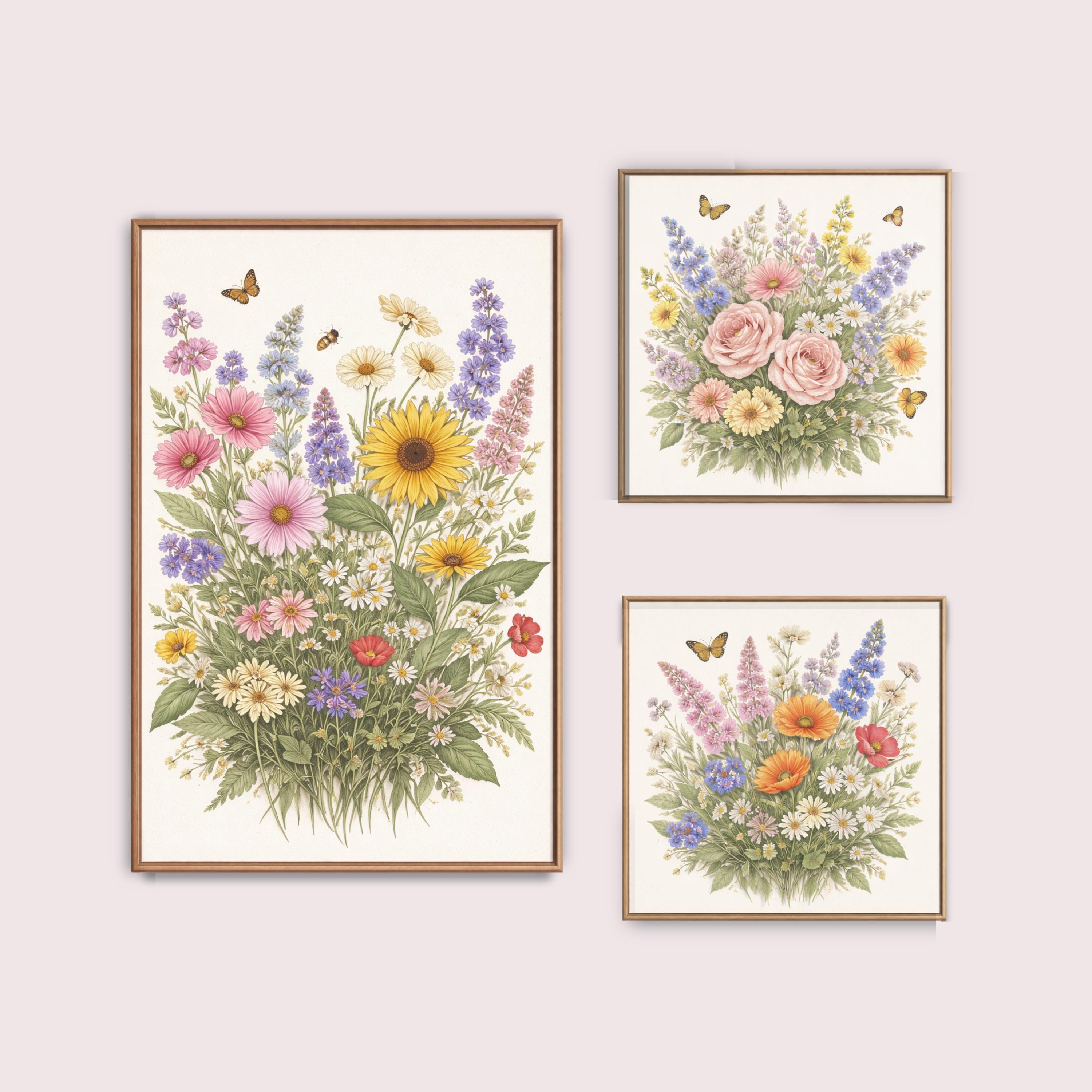 Printable Botanical Wildflower Wall Art Set of 3 Cottagecore Floral ...