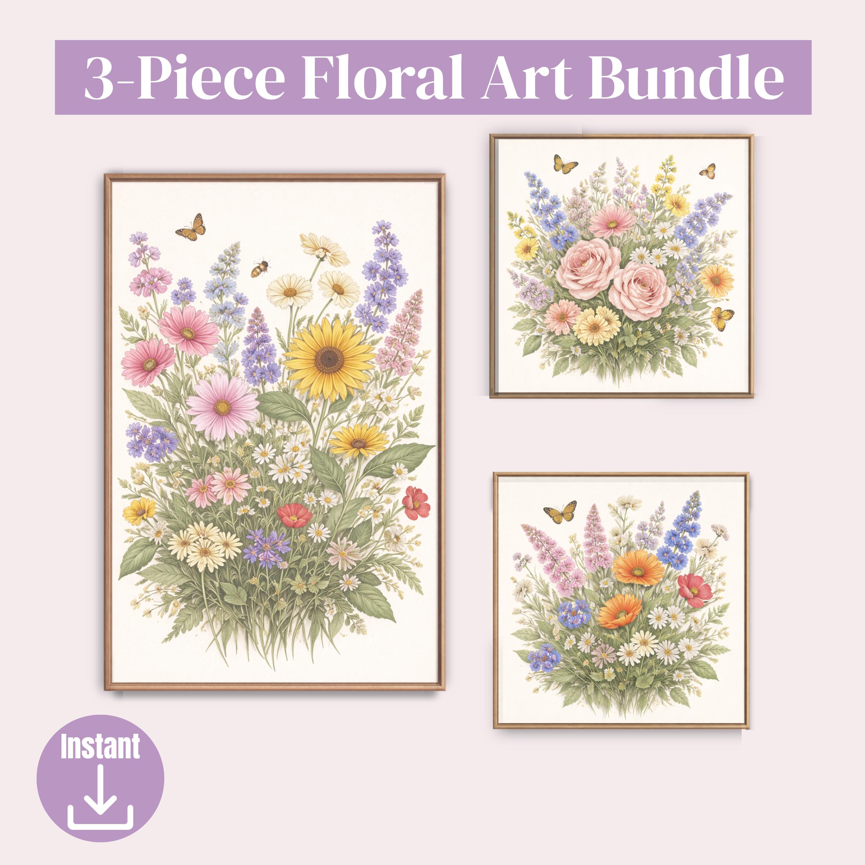 Printable Botanical Wildflower Wall Art Set of 3 Cottagecore Floral ...