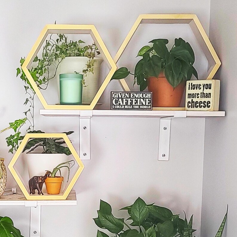 Honeycomb Hexagon Wall Shelves Set of 3 Wood Floating Shelf Plant Shelf Nursery Farmhouse Decor Modern Geometric Wall Art image 7