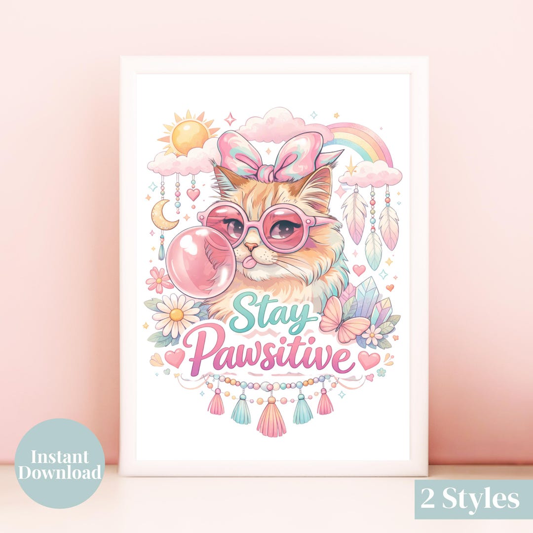 Cute Cat Wall Art Printable Pink Aesthetic Bedroom Decor Girls Room ...