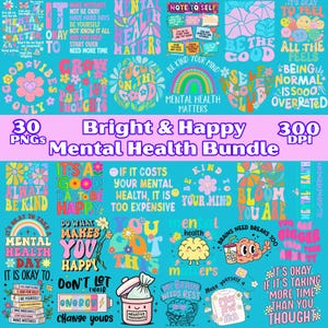 Psychische Gesundheit Bewusstsein PNG Design Bundle Set Boho Inspiriert Zitat Clipart Retro Preppy Wand Kunst Selbst liebend Sticker Pack druckbare Selbstfürsorge