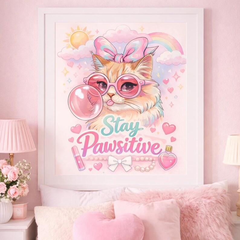 Cute Cat Wall Art Printable Pink Aesthetic Bedroom Decor Girls Room ...
