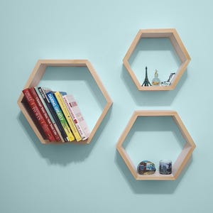 Honeycomb Hexagon Wall Shelves Set of 3 Wood Floating Shelf Plant Shelf Nursery Farmhouse Decor Modern Geometric Wall Art image 3