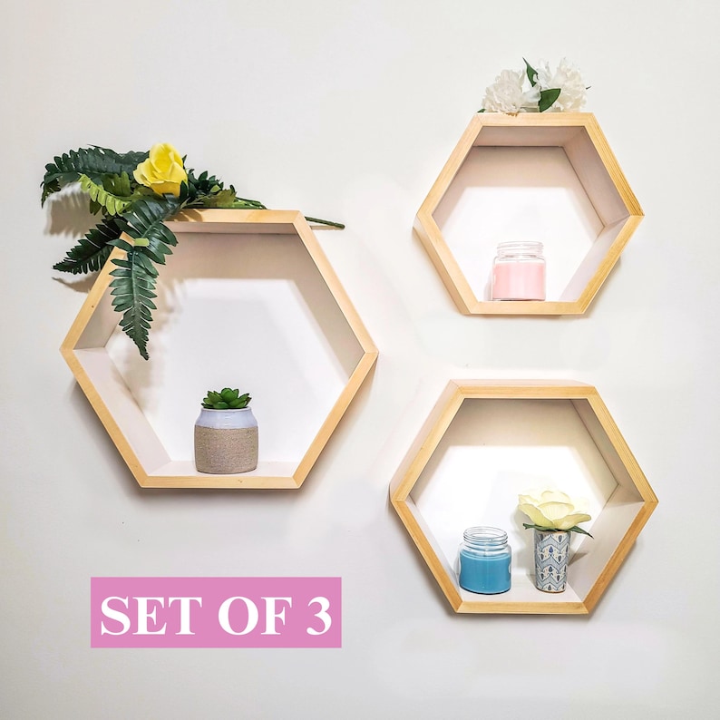 Honeycomb Hexagon Wall Shelves Set of 3 Wood Floating Shelf Plant Shelf Nursery Farmhouse Decor Modern Geometric Wall Art Set of 3