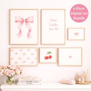 May include: A six-piece digital art bundle featuring framed prints with a pink bow, the text "How Lucky Are We", a bow pattern, cherries, and a heart. The prints are in wooden frames.
