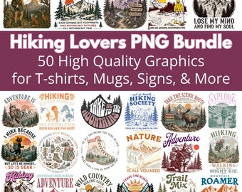 Bundel met afbeeldingen voor wandelshirts, retro shirtontwerpen, outdoor avontuur clipart, vintage berg natuurliefhebber PNG. Commercieel gebruik toegestaan.