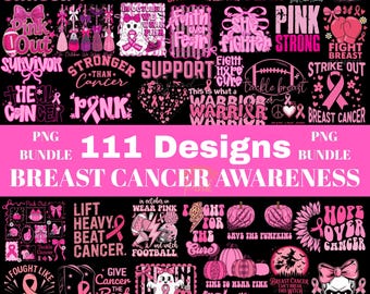 Könnte beinhalten: Eine digitale Sammlung von 111 Brustkrebs-Bewusstseins-Designs mit rosa Schleifen, Boxhandschuhen, Fußbällen, Totenköpfen, Geistern und Sonnenblumen. Die Grafiken enthalten Texte wie Fight Cancer, Pink Strong und In October We Wear Pink.