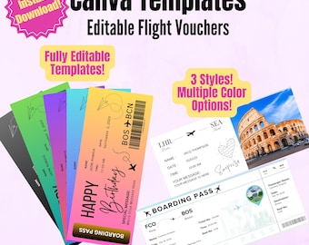 Plantilla editable de tarjeta de embarque en Canva. Boleto de avión imprimible para revelar un viaje sorpresa. Despedida de soltera. Cumpleaños. Descarga digital.