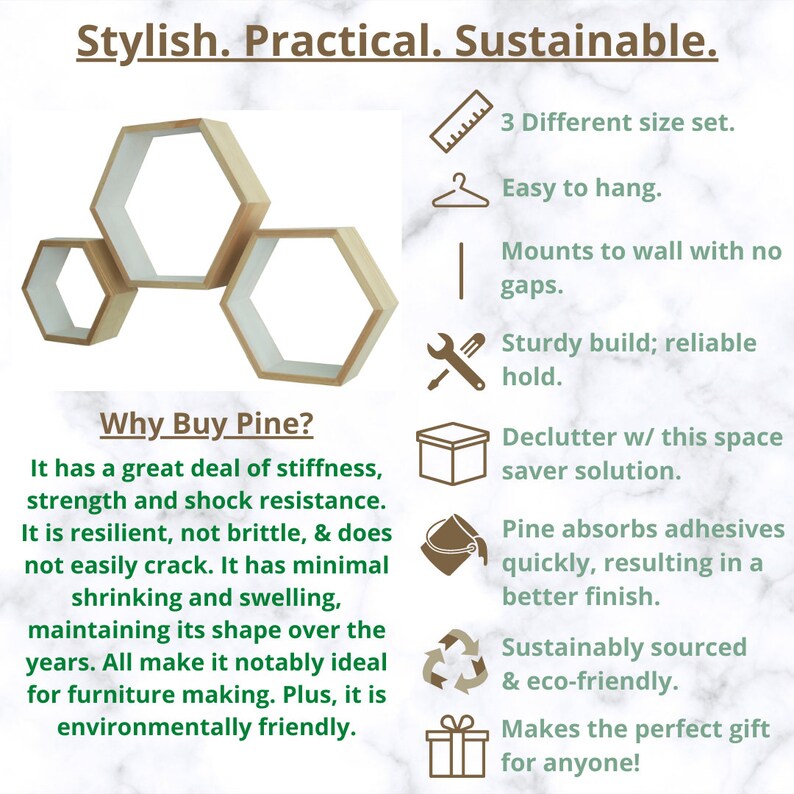 May include: Three wooden hexagonal shelves in different sizes, mounted on a white wall. The shelves are made of pine wood and have a natural finish. The text "Why Buy Pine?" is written below the shelves, along with a list of benefits of using pine wood.