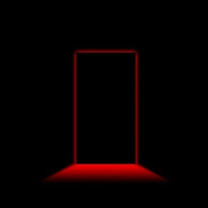May include: A black door with a red glowing outline. The door is set against a black background.