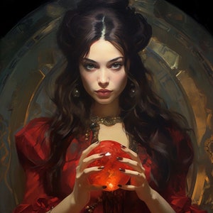 Pode incluir: Uma mulher com cabelo comprido e escuro veste um vestido vermelho e segura um orbe vermelho brilhante em suas mãos. Ela está usando joias de ouro e tem uma expressão séria no rosto.