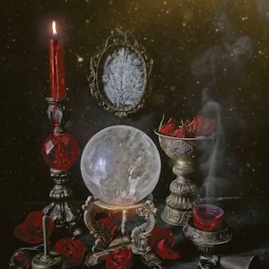 May include: A crystal ball on a decorative stand, surrounded by red roses, candles, and a vintage frame. The scene is set against a dark background with a mystical, ethereal ambiance. The candle flame is lit.