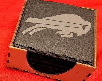 NFL Football Slate Coasters with Wood Holder | Personalized Team Engraved Slate Drink Coasters Set of 4 or 6 for Fans and Gifting