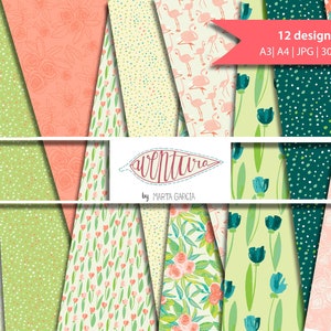 12 papeles digitales | Primavera | tonos pastel | A3 (imprimible en A4) | Flores | Scrapbooking | Bullet Journal | Art Journal