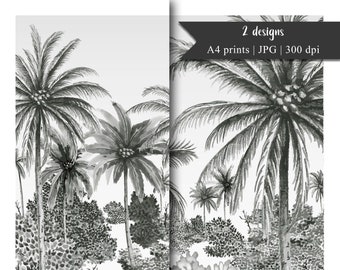 2 downloadable Art Prints Palm Trees | Black and white prints | Pack 2 tropical prints | Downloadable Jungle | black and white illustration