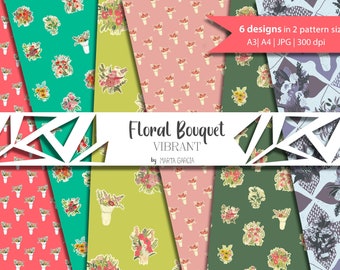 12 digital papers | 6 DESIGNS | vibrant tones | A3 (printable in A4) | Bouquet of flowers | Scrapbooking | Bullet Journal | ArtJournal