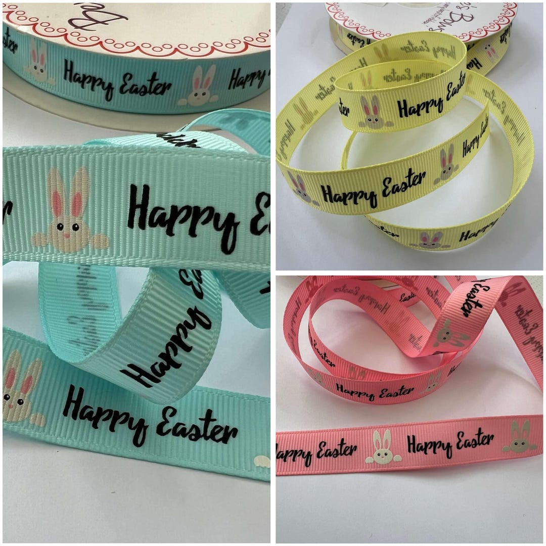Happy Easter Grosgrain Ribbon With Bunny Rabbits 16mm Wide Sold by the ...