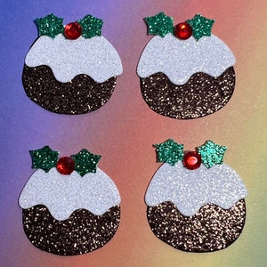 Christmas Pudding Verzierungen 4 Glitter Card Toppers Weihnachten Kunsthandwerk. Selbstklebende Option.