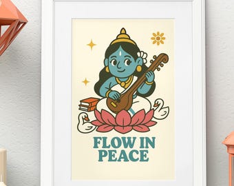 Flow in Peace | Saraswati Wall Art | Goddess of Wisdom & Music Print (Physical Print)