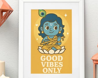 Good Vibes Only | Krishna Wall Art | Hindu Deity Poster | Retro Indian Print (Physical Print)