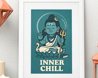 Inner Chill | Shiva Wall Art | Hindu Deity Meditation Print | Retro Indian Poster  (Digital Download)