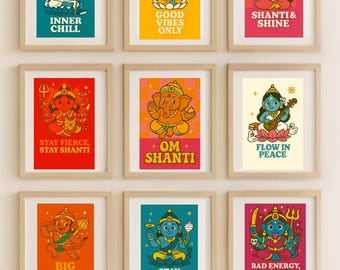 Hindu God Wall Art Set | 9 Deity Prints Bundle | Colorful Spiritual Decor |  (Digital Download)