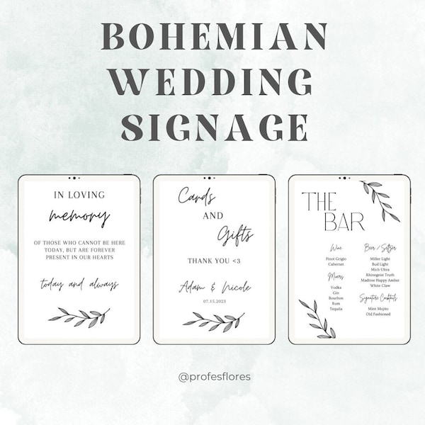 Boho Wedding Signage Set- Bar sign, Cards & gifts sign, Memorial Sign (CUSTOMIZABLE)