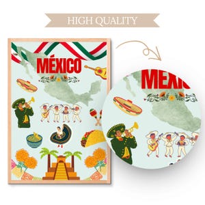 May include: A framed print featuring a map of Mexico with illustrations of mariachi musicians, a taco, and other cultural symbols. The word "M&Eacute;XICO" is prominently displayed in red, with a banner that says "HIGH QUALITY".