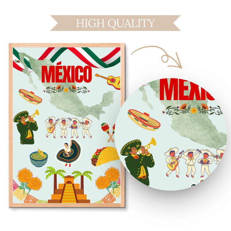 May include: A framed print featuring a map of Mexico with illustrations of mariachi musicians, a taco, and other cultural symbols. The word "M&Eacute;XICO" is prominently displayed in red, with a banner that says "HIGH QUALITY".