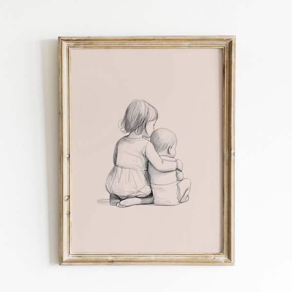 Big Sister and Little Brother Art Print - Antique Sketch Nursery Decor - Siblings Wall Art