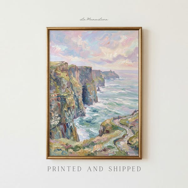 Cliffs of Moher Ireland Oil Painting Print, Pastel Irish Landscape Wall Art, Coastal Ocean Cliffs Poster, Impasto European Travel Gift