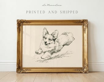 Corgis-Zoomies-Kunstdruck, Wandbild mit laufenden Corgis, Corgis-Kinderzimmerdeko, Hundeskizze in schwarzer Tinte, Geschenk für Corgis-Liebhaber