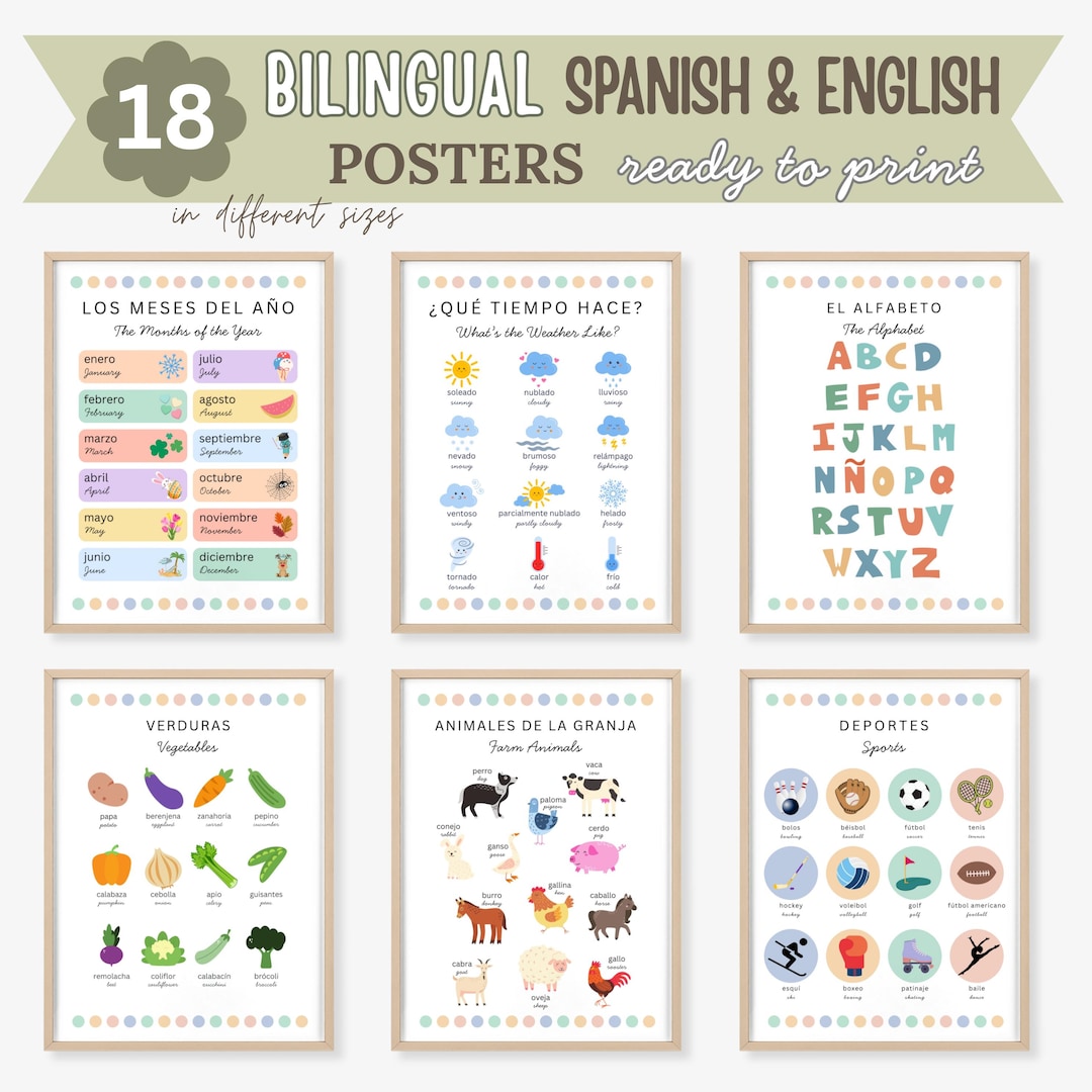 Bilingual Spanish English Posters, Montessori Classroom Decor (digital ...