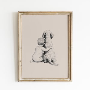Baby Boy and Goldendoodle Art Print | Modern Nursery Wall Decor | Neutral Boy Nursery | Goldendoodle Lover Gift
