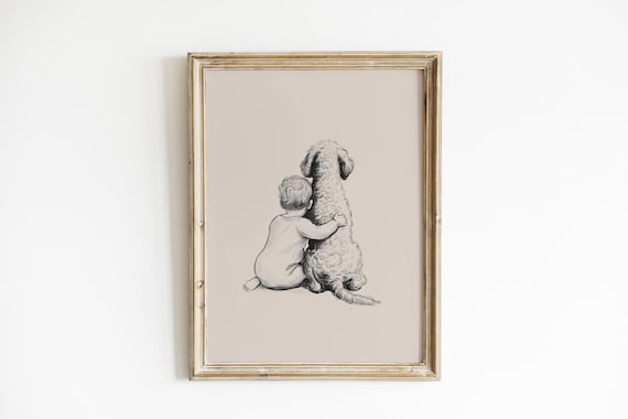 Baby Boy and Goldendoodle Art Print | Vintage Nursery Decor