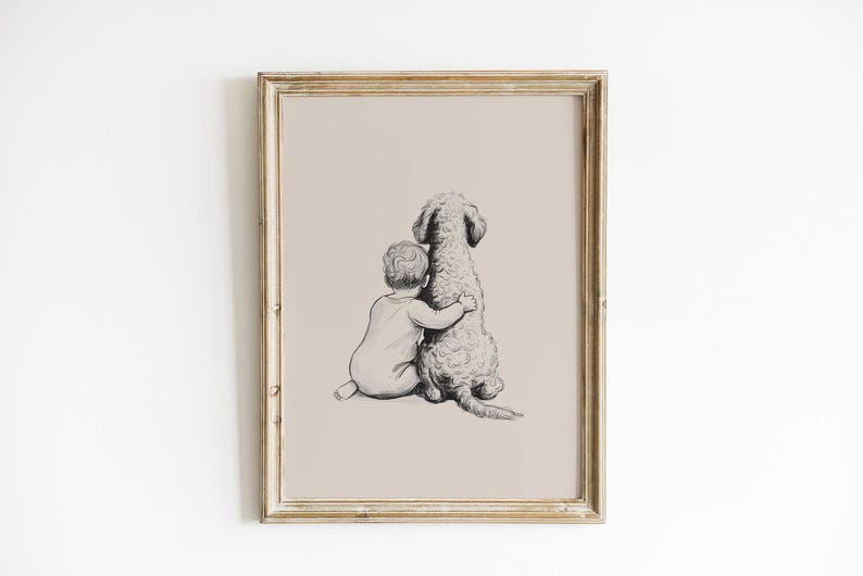 Baby Boy and Goldendoodle Art Print | Modern Nursery Wall Decor | Neutral Boy Nursery | Goldendoodle Lover Gift