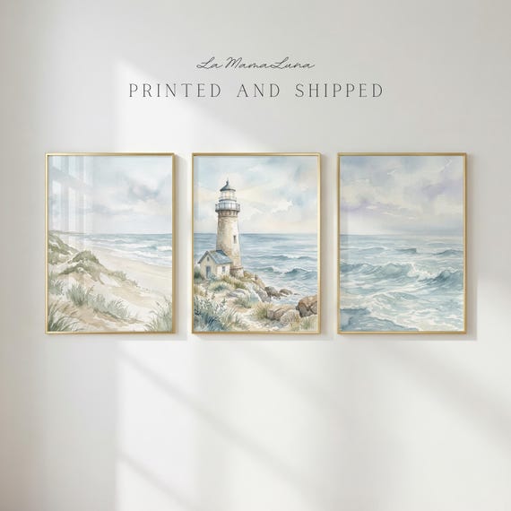 Coastal Lighthouse Print Set of 3, Beach Wall Art Set, Watercolor Ocean Prints, Nautical Coastal Decor, Seaside Cottage Wall Art