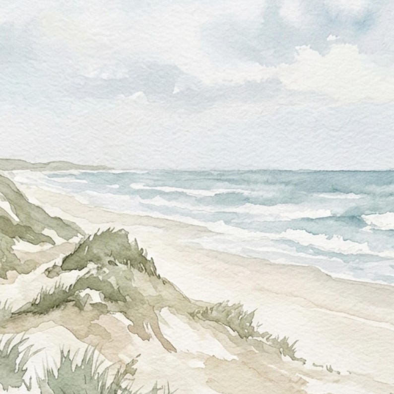 May include: A watercolor painting of a coastal landscape featuring sandy dunes covered in patches of green beach grass. The scene depicts a shoreline meeting the ocean with soft blue waves rolling in under a pale, cloudy sky in muted tones.