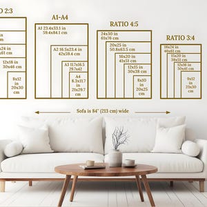 May include: A size guide chart for wall art prints featuring various aspect ratios including 2:3, A1-A4, 4:5, 3:4, and 11x14, with specific dimensions in inches and centimeters listed for each. Below, a white sofa is shown, noted as 84 inches wide.