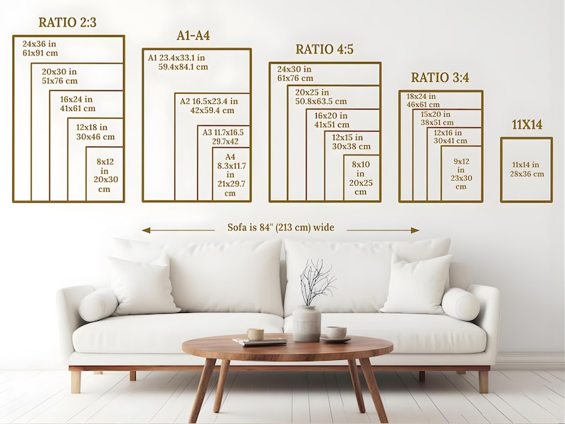 May include: A size guide chart for wall art prints featuring various aspect ratios including 2:3, A1-A4, 4:5, 3:4, and 11x14, with specific dimensions in inches and centimeters listed for each. Below, a white sofa is shown, noted as 84 inches wide.