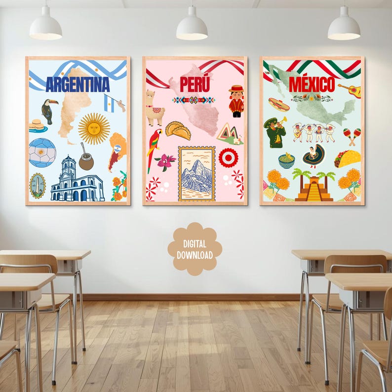 May include: Three framed art prints featuring illustrations of Argentina, Peru, and Mexico. Each print includes country names, maps, flags, and cultural icons like the sun, llama, and musical instruments. The phrase "DIGITAL DOWNLOAD" is in the center.