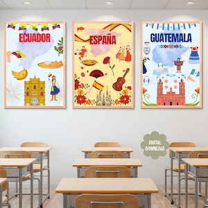 May include: Three framed travel-themed art prints. The prints feature illustrations of Ecuador, Spain, and Guatemala, with country names in large text. Each print includes cultural icons, flags, and maps, with a "Digital Download" tag.
