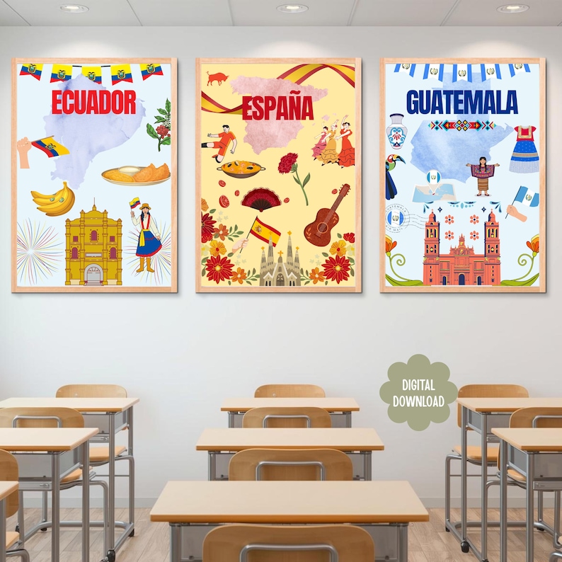 May include: Three framed travel-themed art prints. The prints feature illustrations of Ecuador, Spain, and Guatemala, with country names in large text. Each print includes cultural icons, flags, and maps, with a "Digital Download" tag.