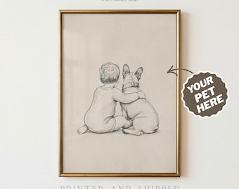 Könnte beinhalten: Ein gerahmter Bleistiftskizzen-Druck mit einem Kind, das einen Französischen Bulldoggen umarmt. Das Kunstwerk befindet sich in einem goldenen Rahmen und enthält unten den Text "PRINTED AND SHIPPED". Auf der rechten Seite befindet sich ein Aufkleber mit dem Text "YOUR PET HERE".