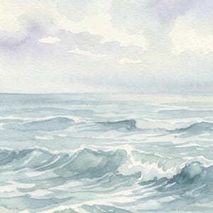 May include: A watercolor painting of an ocean scene featuring gentle, rolling waves in shades of muted blue, teal, and gray. The horizon line separates the water from a soft, cloudy sky painted in pale lavender and white tones with visible brushstrokes.