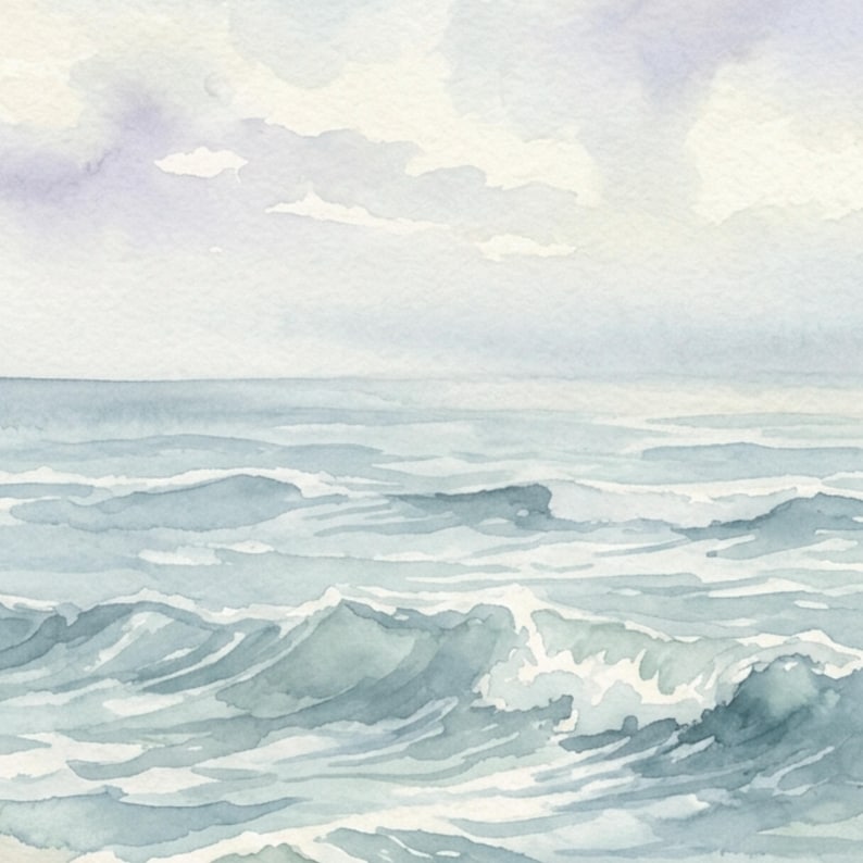 May include: A watercolor painting of an ocean scene featuring gentle, rolling waves in shades of muted blue, teal, and gray. The horizon line separates the water from a soft, cloudy sky painted in pale lavender and white tones with visible brushstrokes.