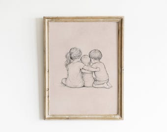 3 Siblings Bond Print - Big Sister, Little Brother and Baby - Vintage Sketch Nursery Decor - Siblings Wall Art