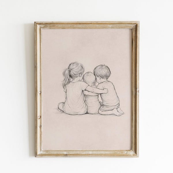 Illustration vintage représentant trois frères et sœurs : grande sœur, petit frère et bébé. Décoration murale pour chambre d'enfant.